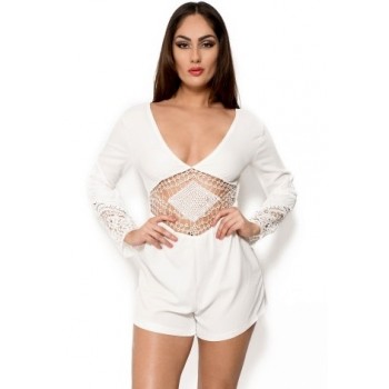 'Anahi' white lace playsuit with long sleeves